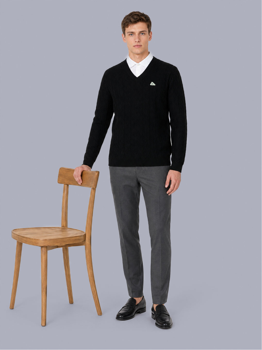 Men Black Self Design V Neck Full Sleeve Pullover