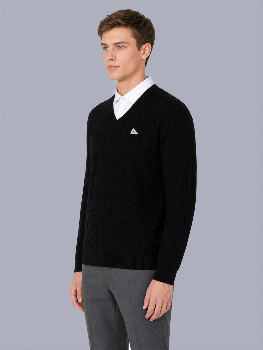 Men Black Self Design V Neck Full Sleeve Pullover