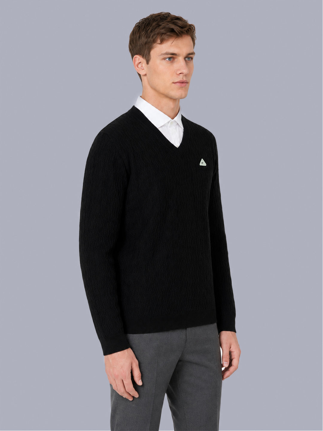 Men Black Self Design V Neck Full Sleeve Pullover