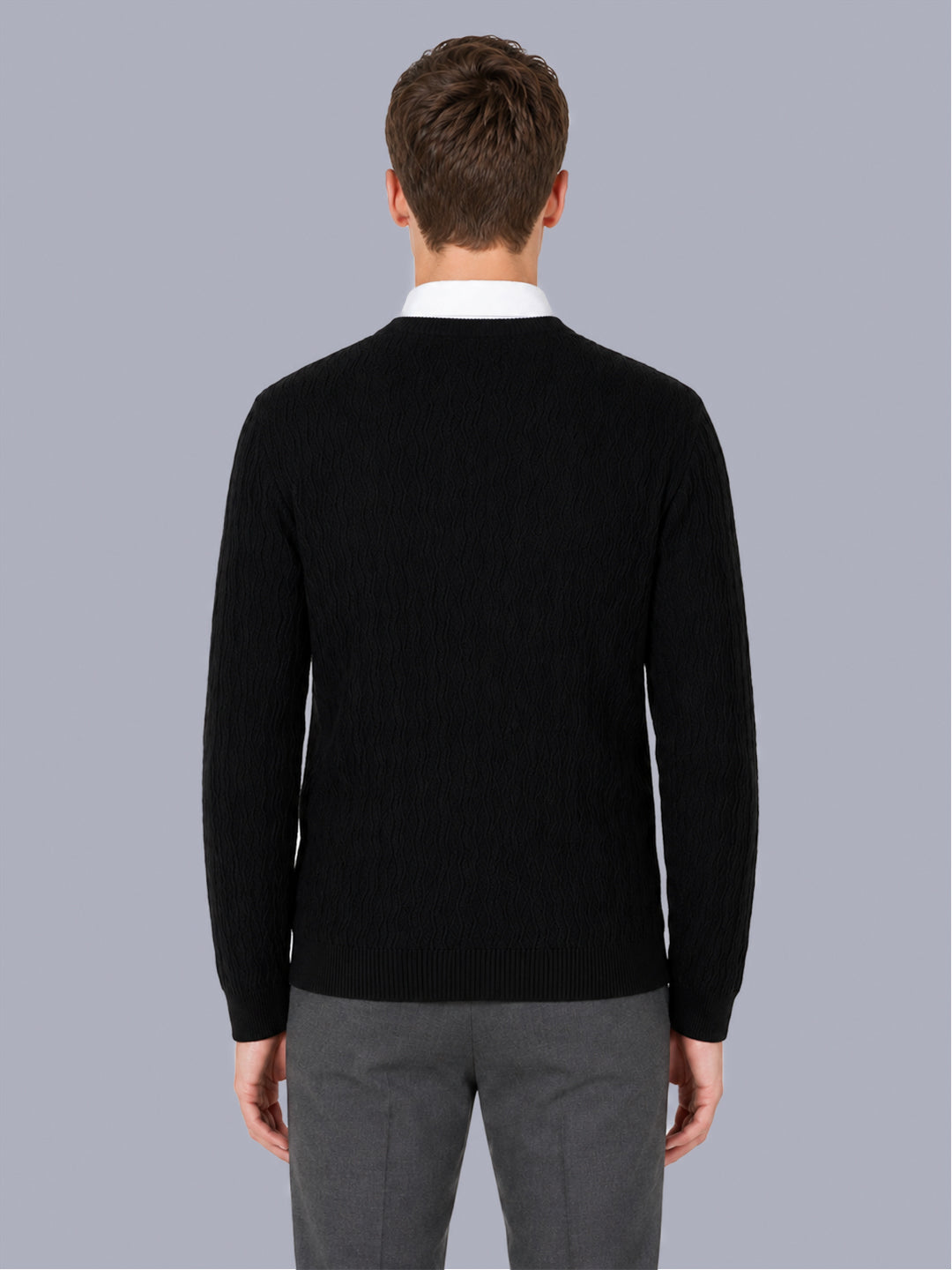 Men Black Self Design V Neck Full Sleeve Pullover