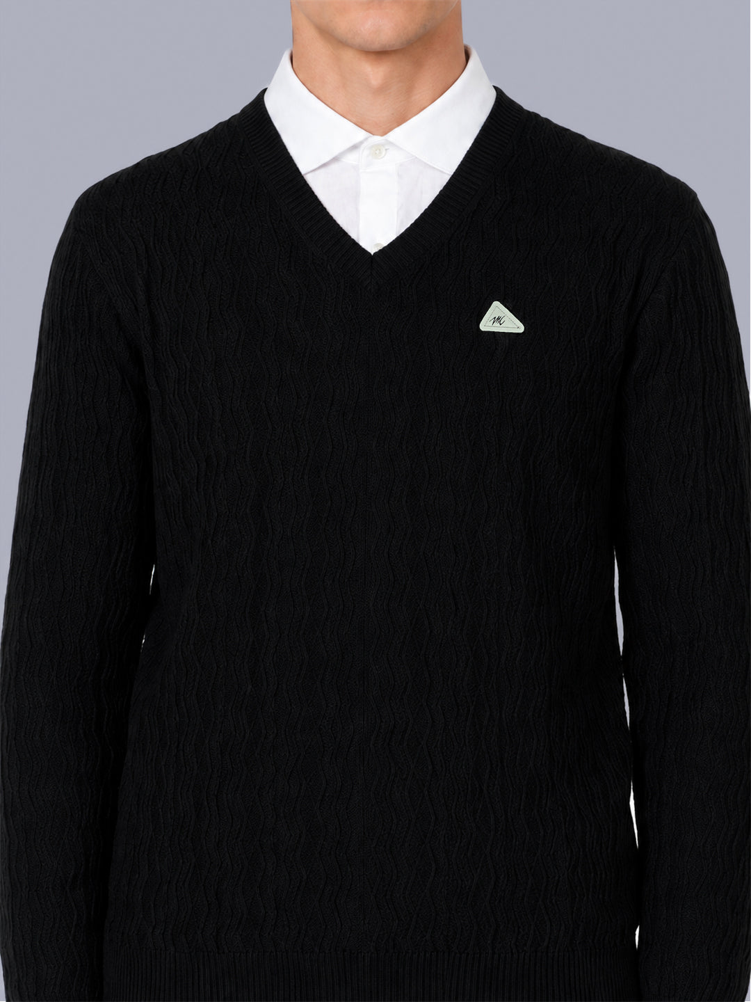 Men Black Self Design V Neck Full Sleeve Pullover