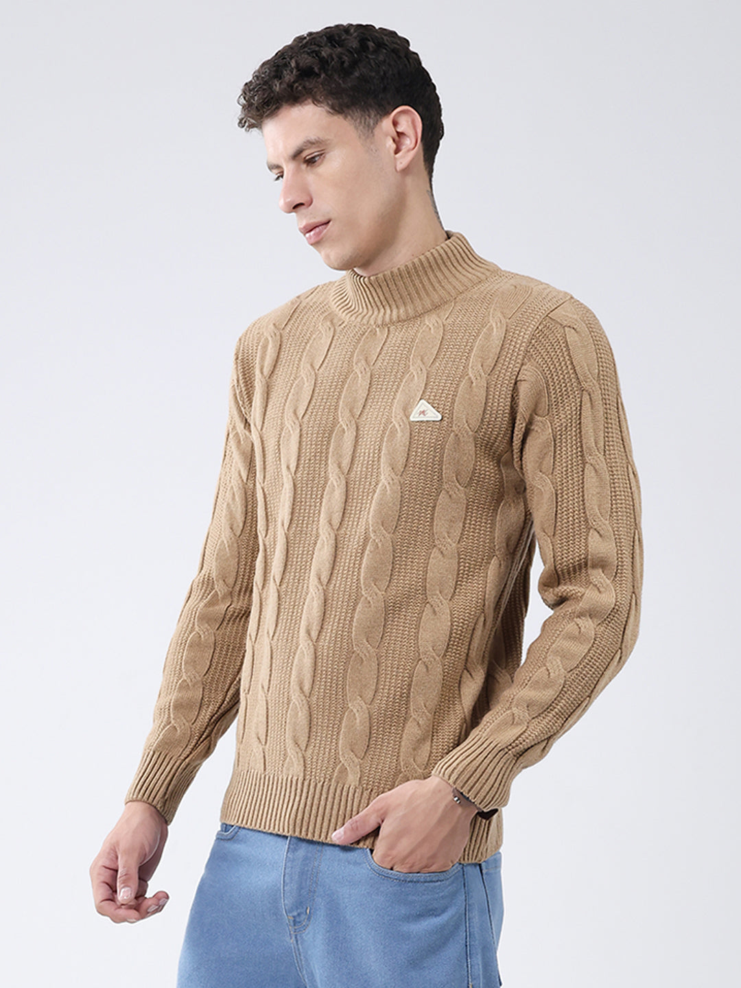 Men Khaki Self Design Turtle Neck Full Sleeve Pullover