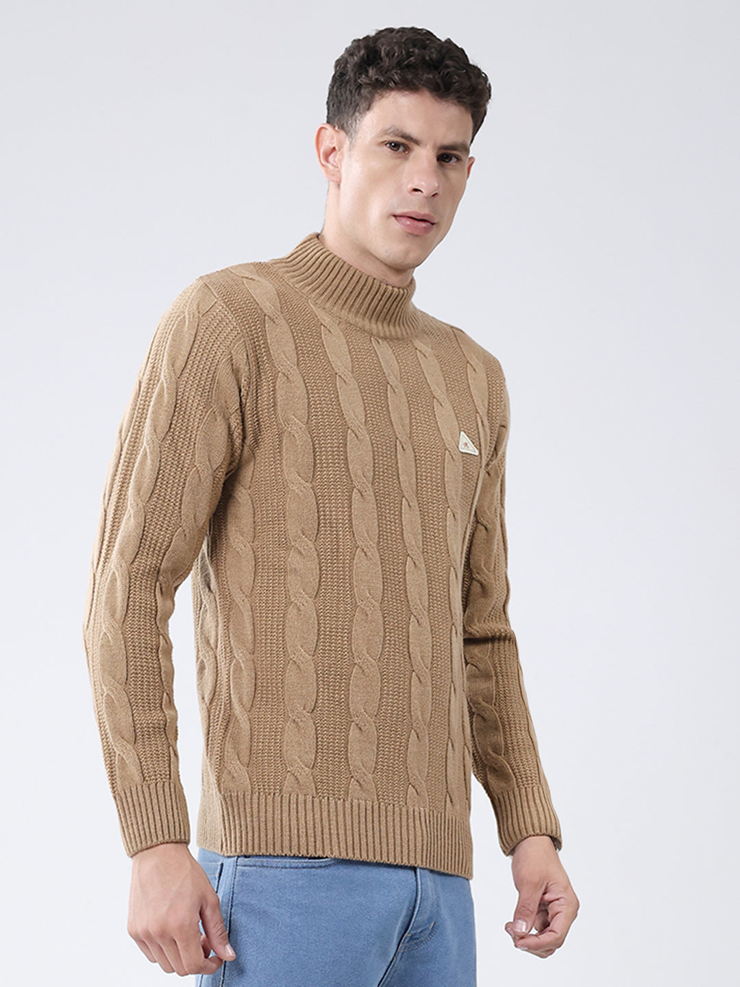 Men Khaki Self Design Turtle Neck Full Sleeve Pullover
