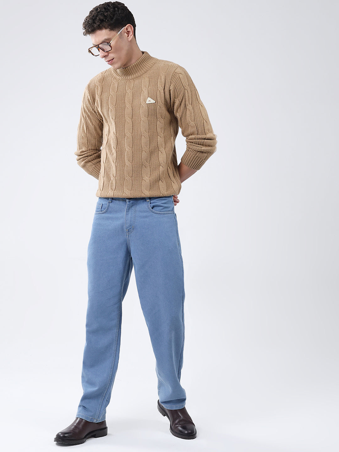 Men Khaki Self Design Turtle Neck Full Sleeve Pullover