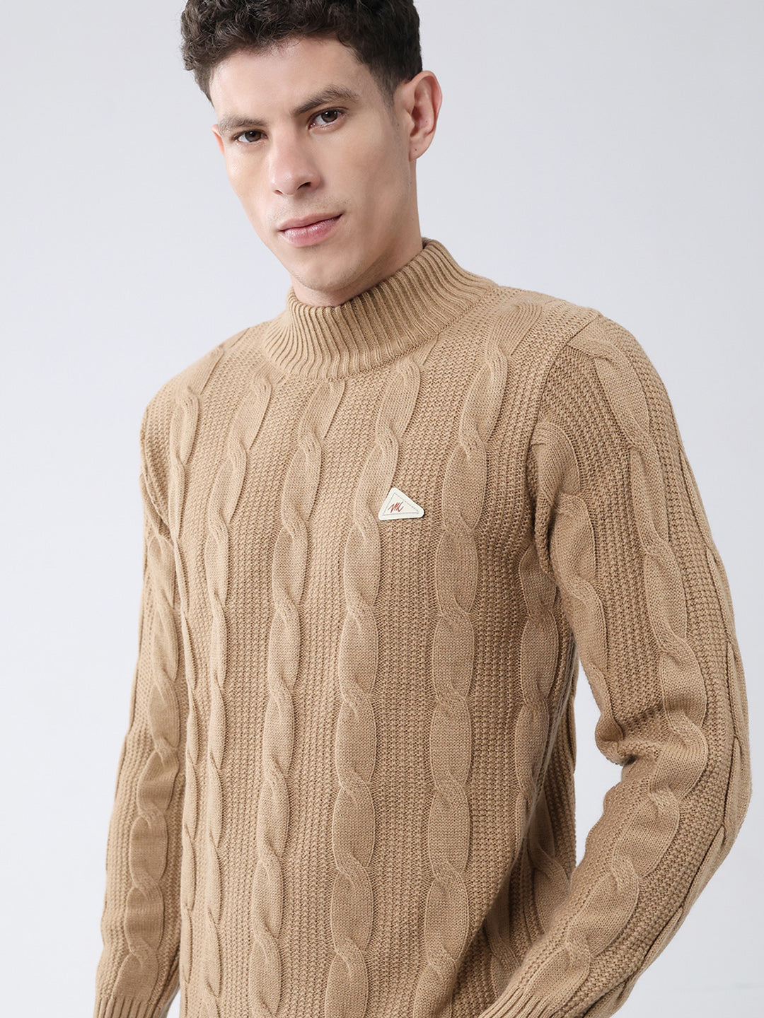 Men Khaki Self Design Turtle Neck Full Sleeve Pullover