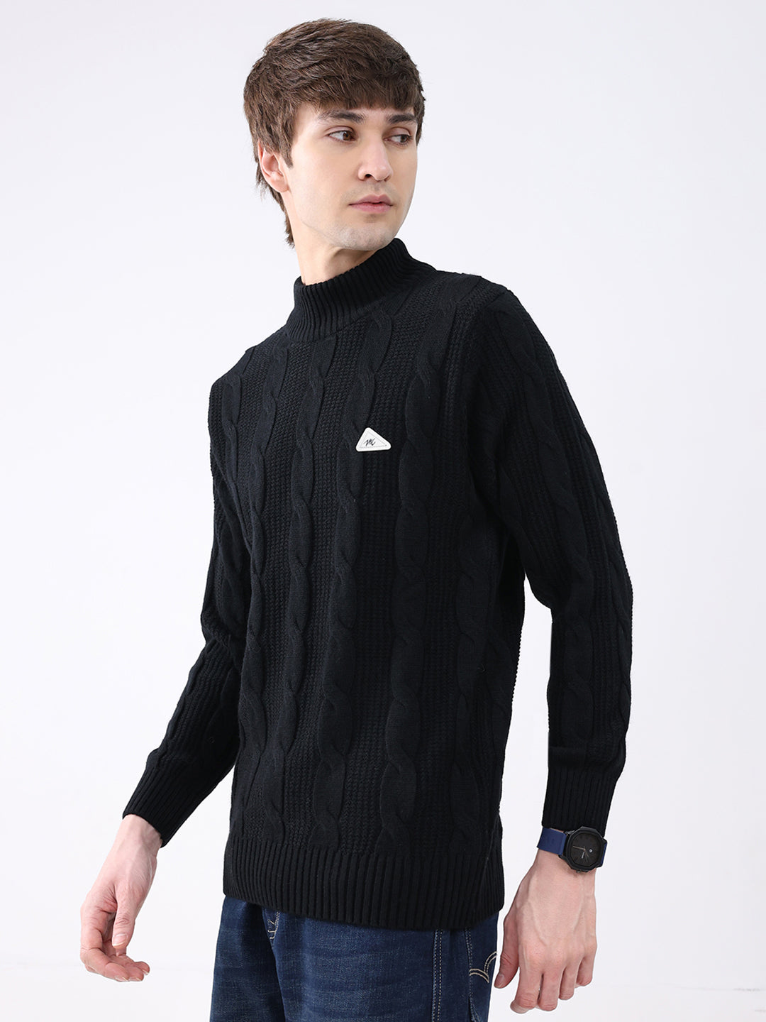 Men Black Self Design Mock Neck Full Sleeve Pullover