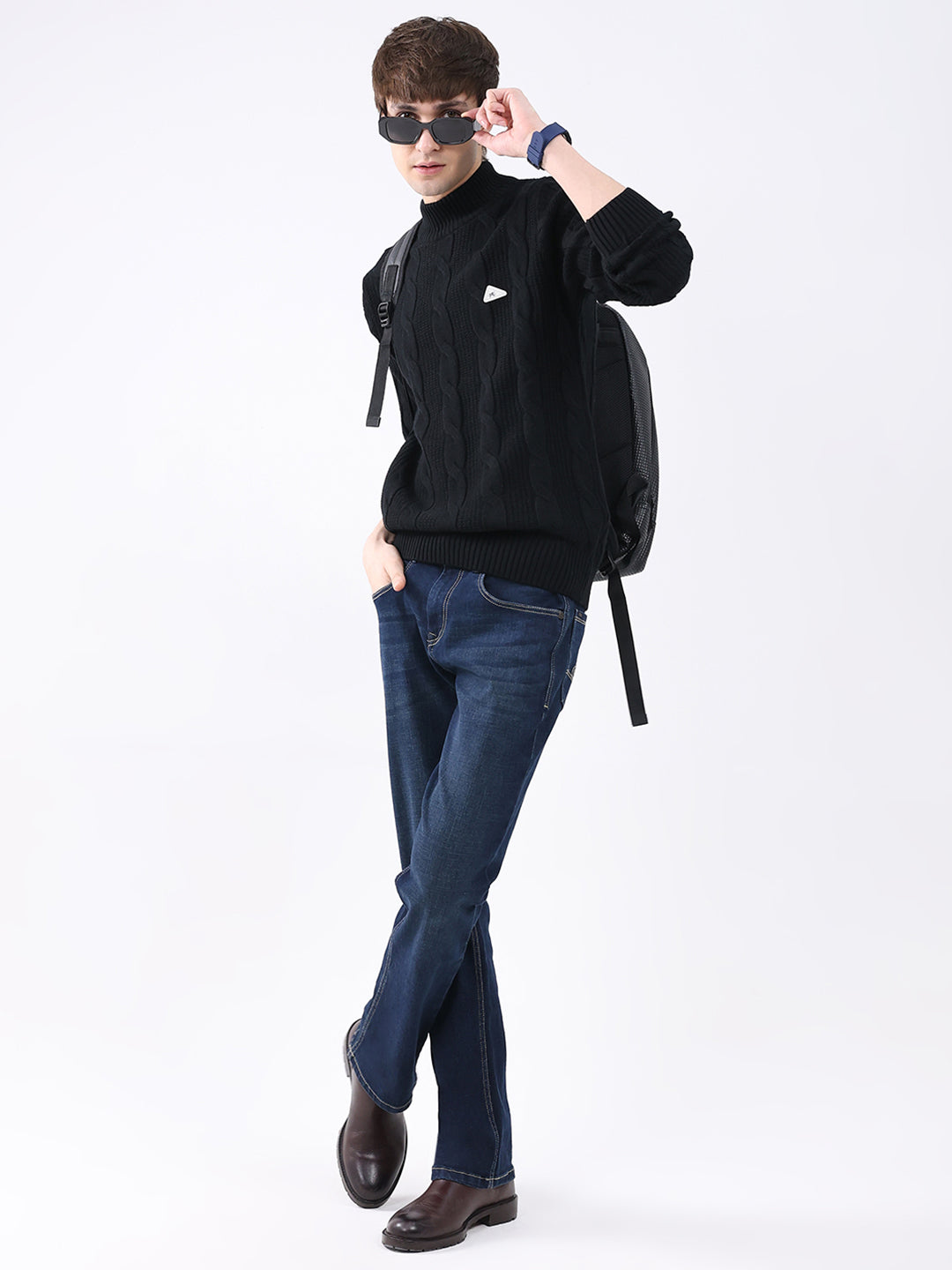 Men Black Self Design Mock Neck Full Sleeve Pullover
