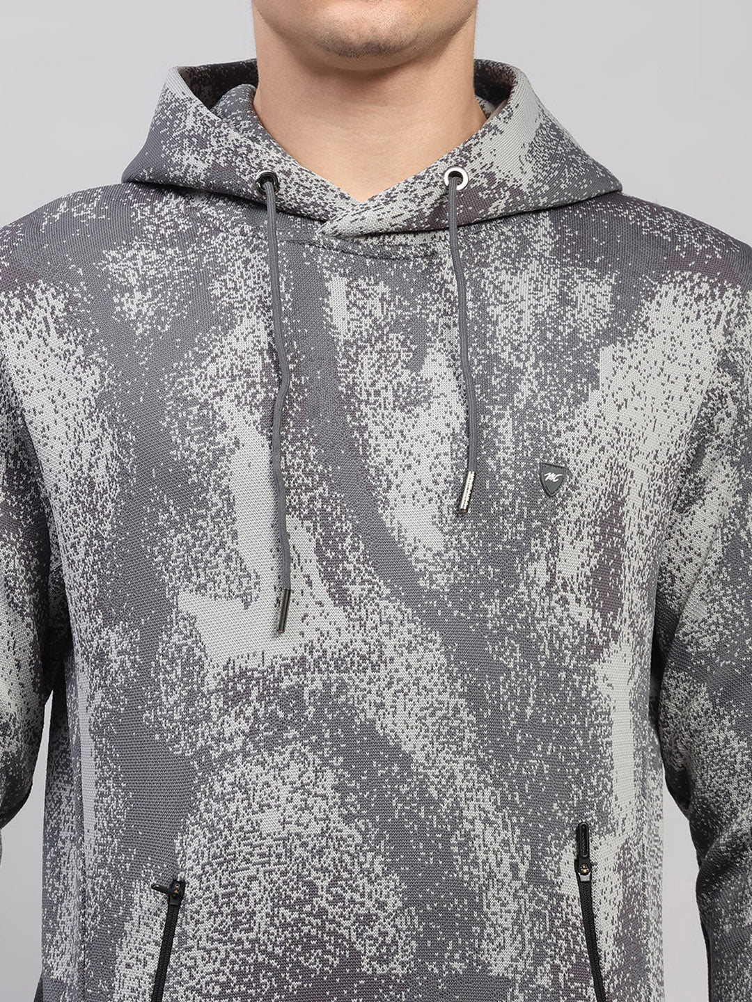 Men Light Grey Printed Hooded Full Sleeve Pullover
