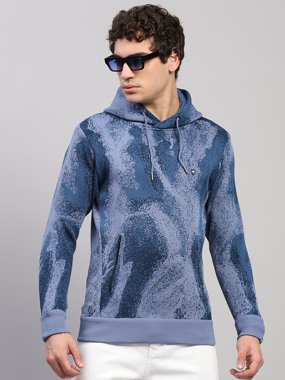 Men Light Blue Printed Hooded Full Sleeve Pullover