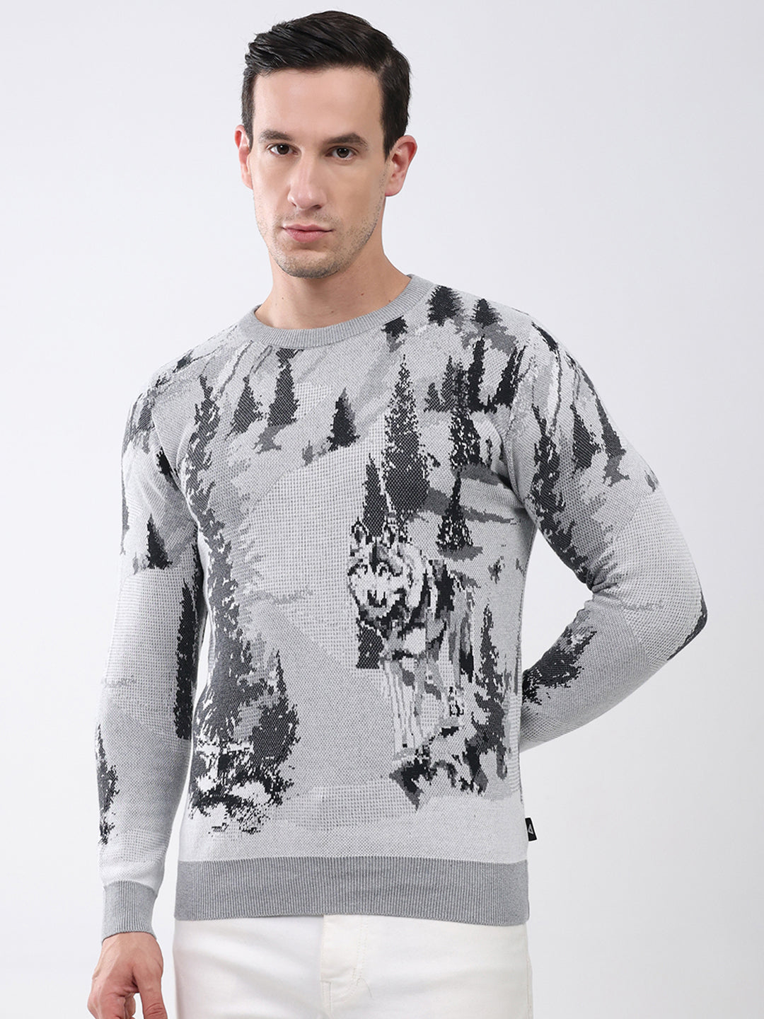 Men Grey Printed Round Neck Full Sleeve Pullover
