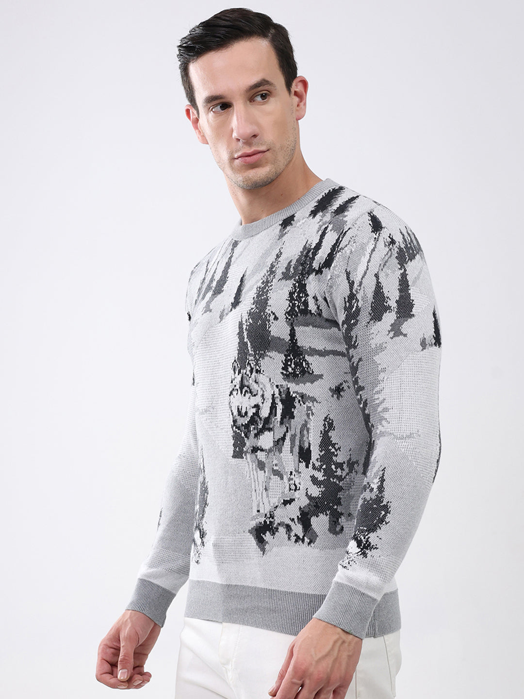 Men Grey Printed Round Neck Full Sleeve Pullover