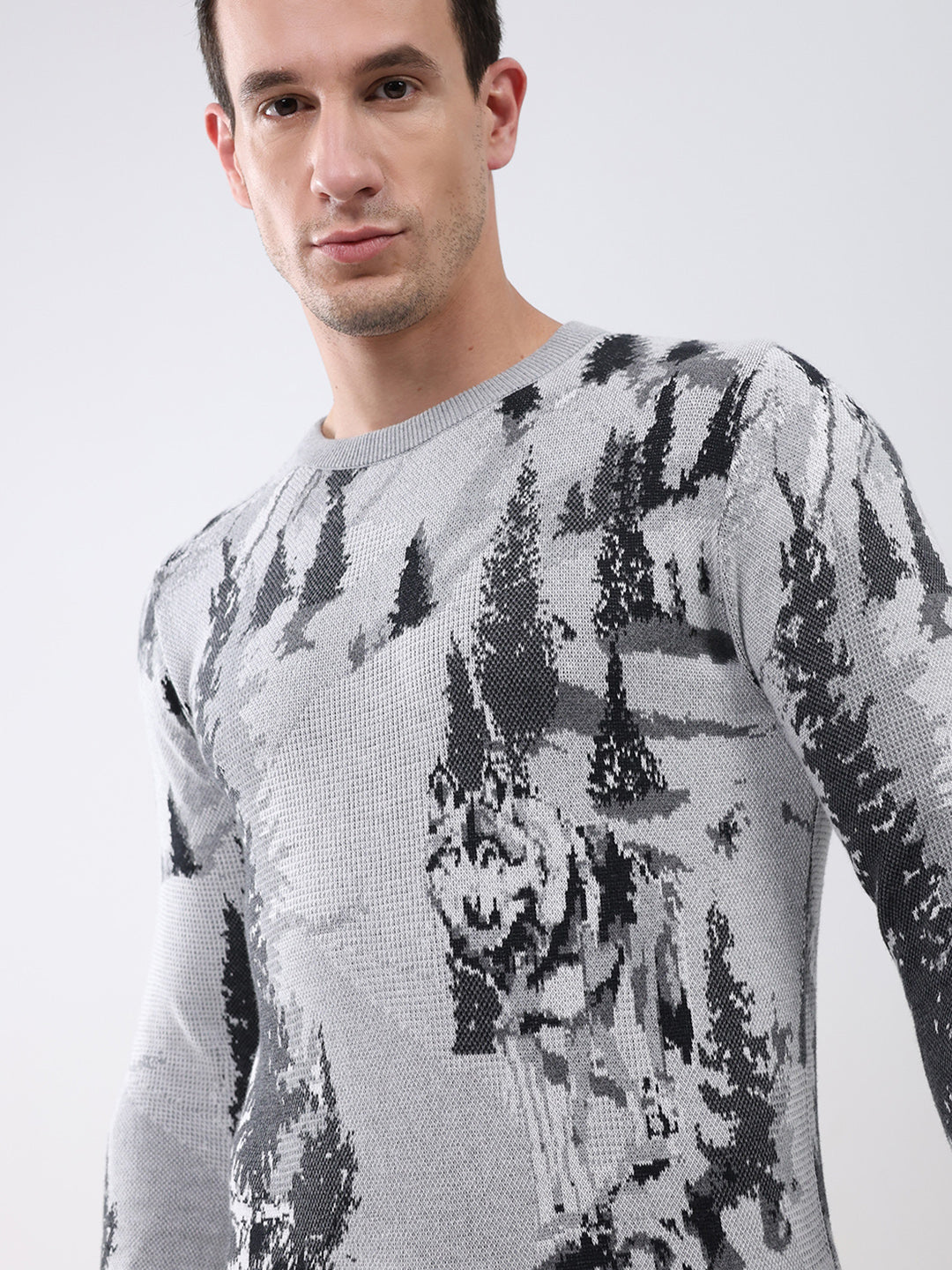 Men Grey Printed Round Neck Full Sleeve Pullover