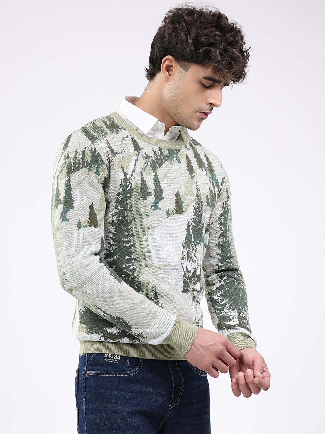 Men Green Self Design Round Neck Full Sleeve Pullover