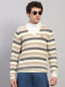 Men Off White Jaquard V Neck Full Sleeve Pullover