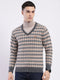 Men Grey Self Design V Neck Full Sleeve Pullover