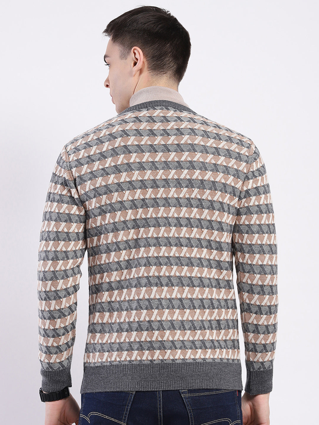 Men Grey Self Design V Neck Full Sleeve Pullover