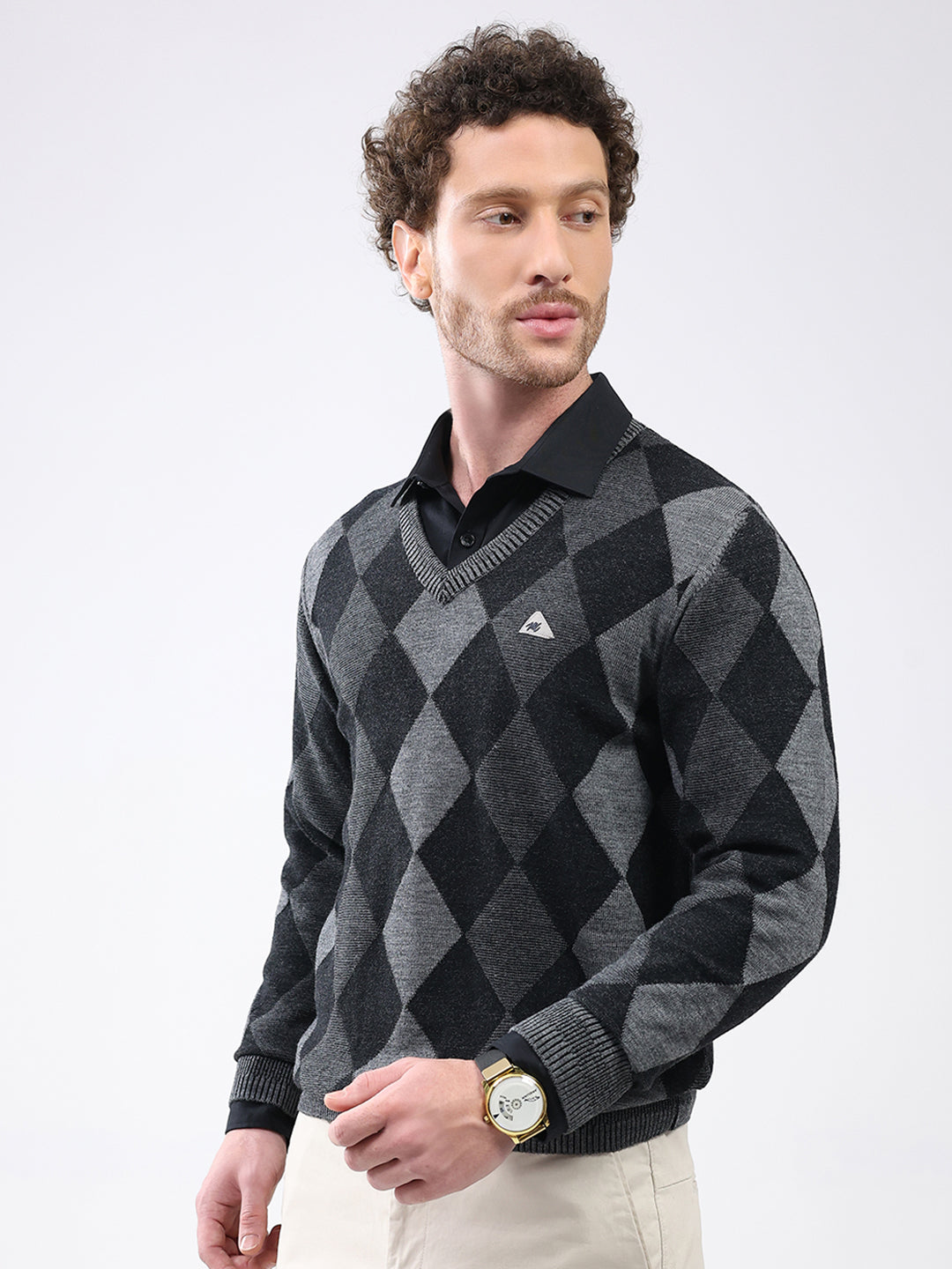 Men Black Geometric V Neck Full Sleeve Pullover