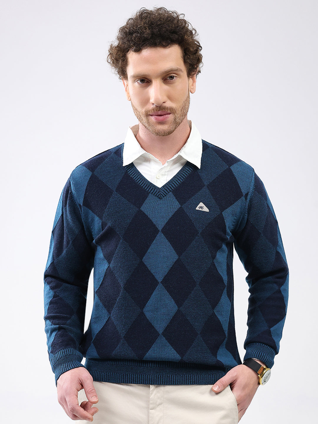 Men Blue Geometric V Neck Full Sleeve Pullover