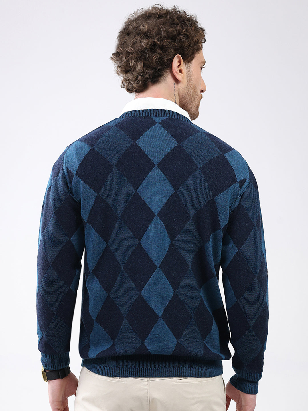 Men Blue Geometric V Neck Full Sleeve Pullover