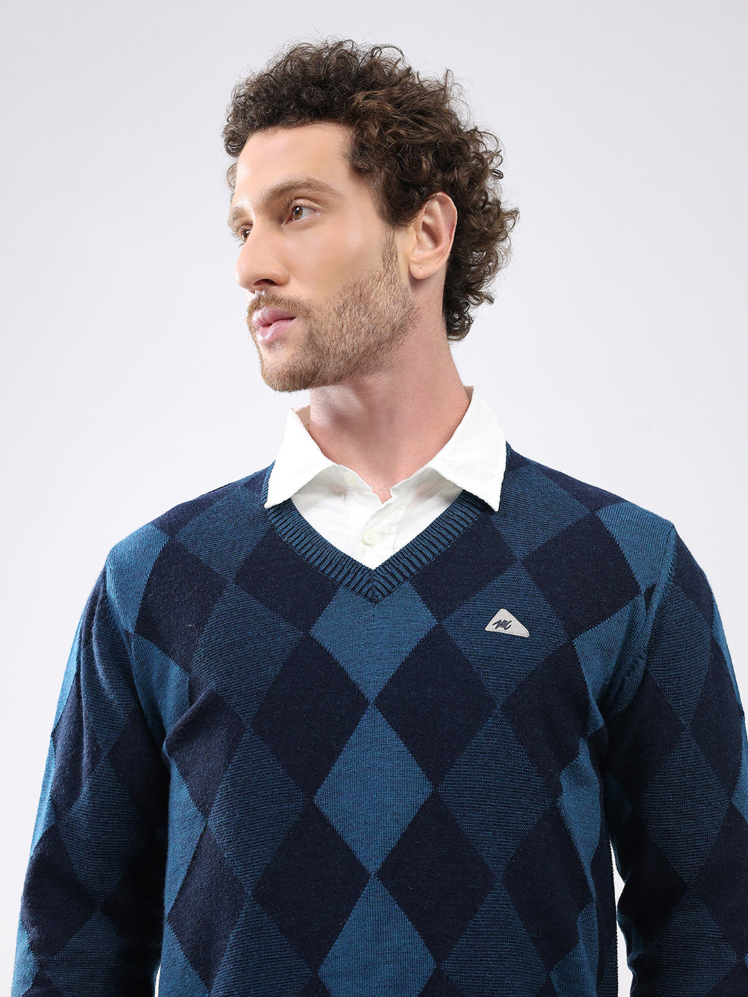 Men Blue Geometric V Neck Full Sleeve Pullover
