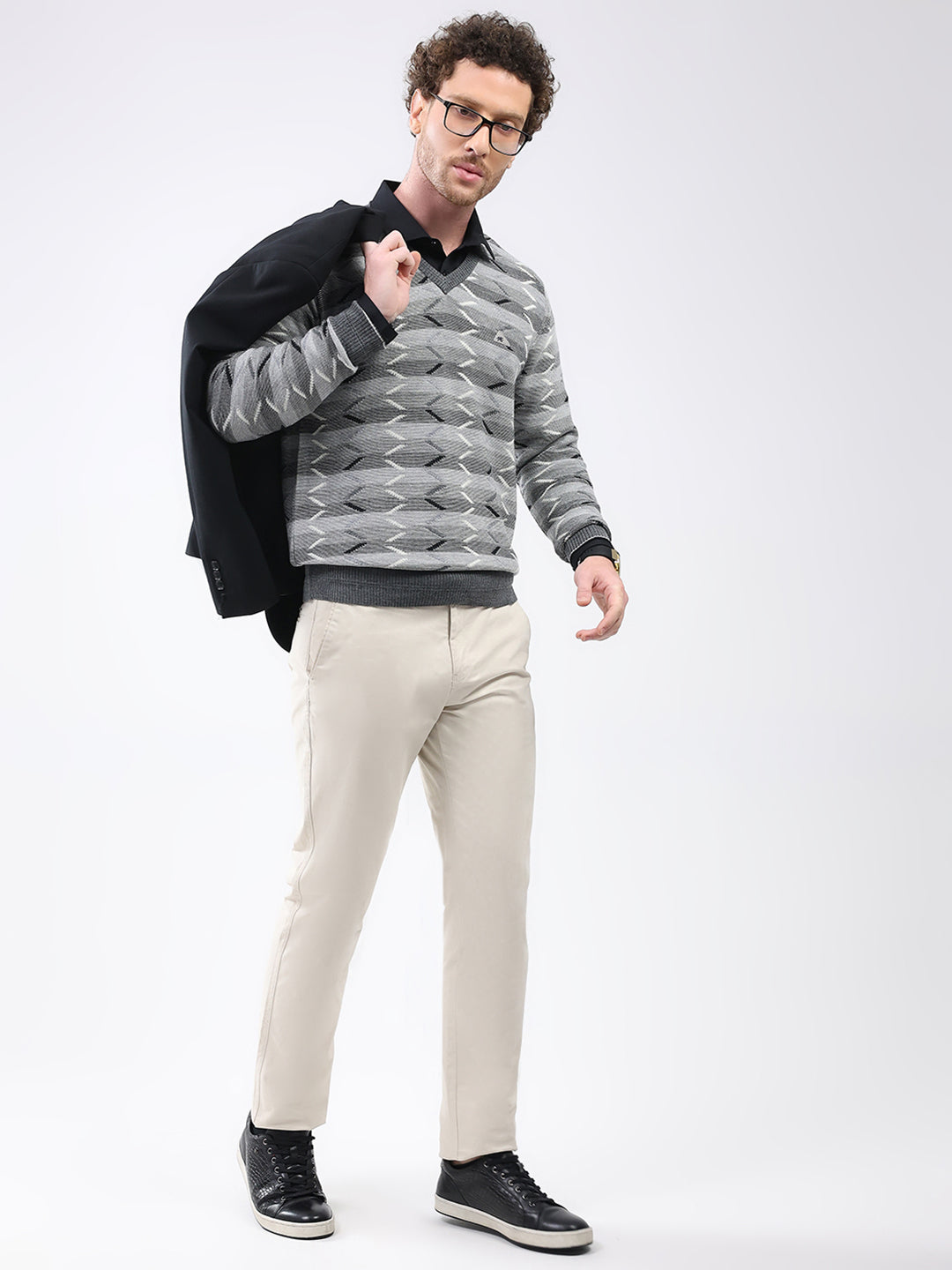 Men Grey Abstract V Neck Full Sleeve Pullover