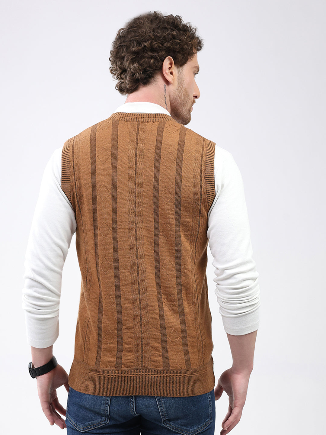 Men Khaki Self Design V Neck Sleeveless Cardigan