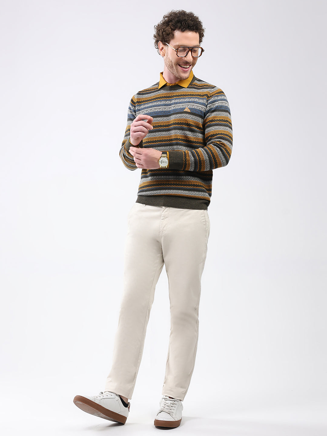 Men Green Stripe Round Neck Full Sleeve Pullover