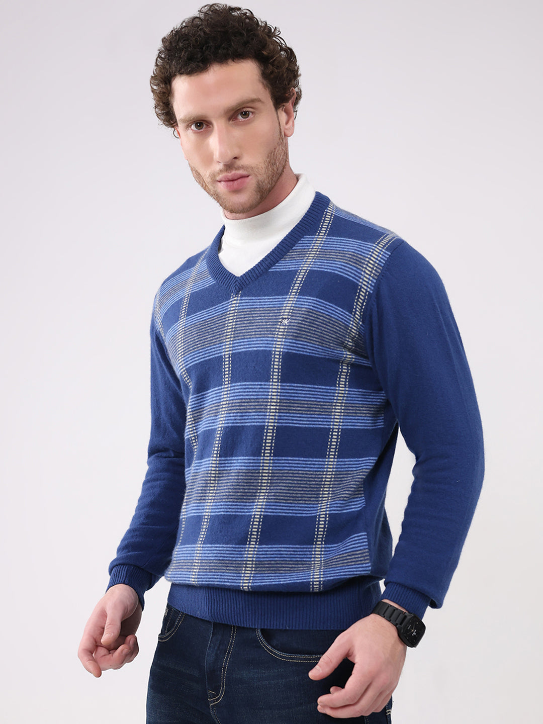 Men Dark Blue Printed V Neck Full Sleeve Pullover