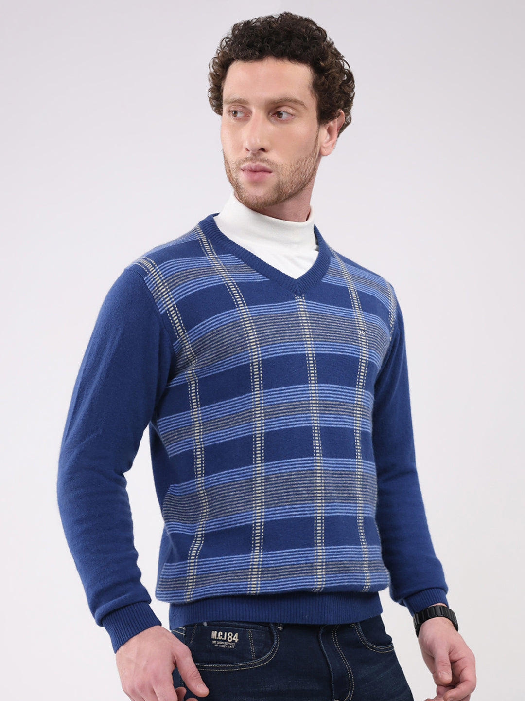 Men Dark Blue Printed V Neck Full Sleeve Pullover