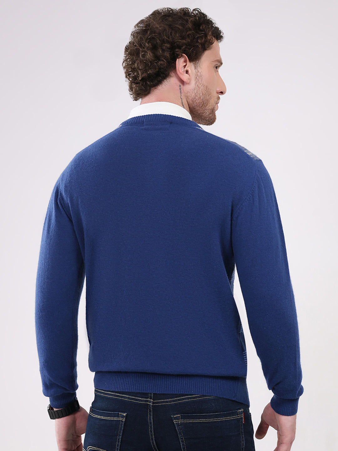 Men Dark Blue Printed V Neck Full Sleeve Pullover