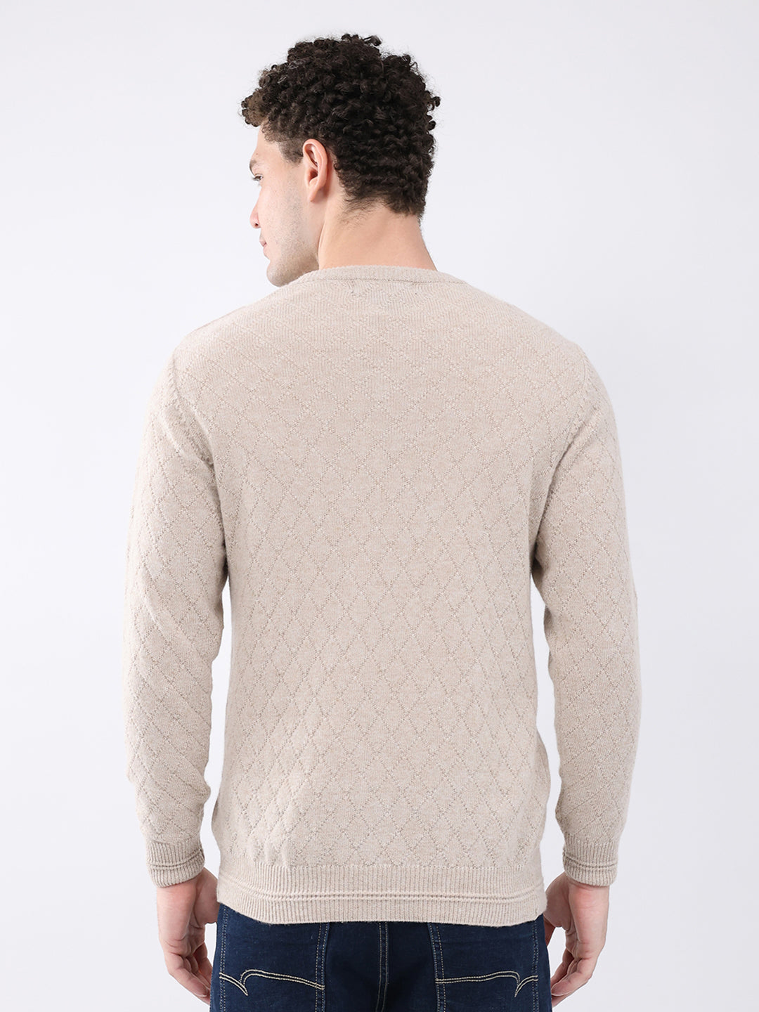 Men Beige Self Design V Neck Full Sleeve Pullover