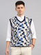 Men Navy Blue Printed V Neck Sleeveless Sweater