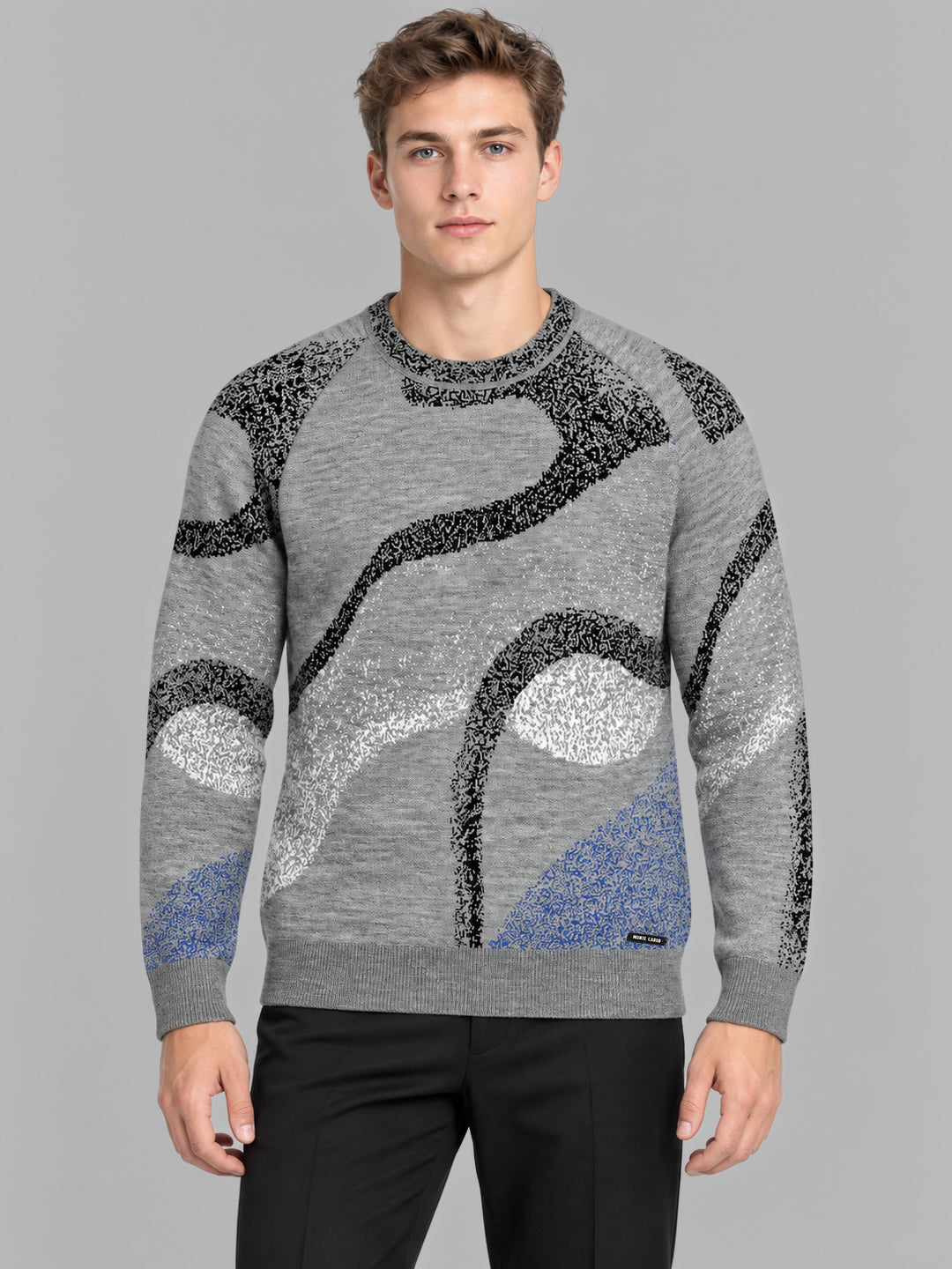 Men Grey Jacquard Round Neck Full Sleeve Pullover
