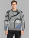 Men Grey Jacquard Round Neck Full Sleeve Pullover