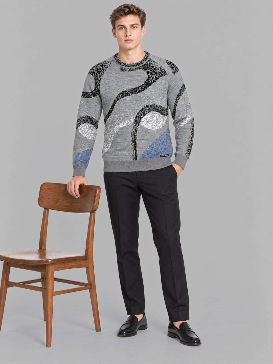 Men Grey Jacquard Round Neck Full Sleeve Pullover