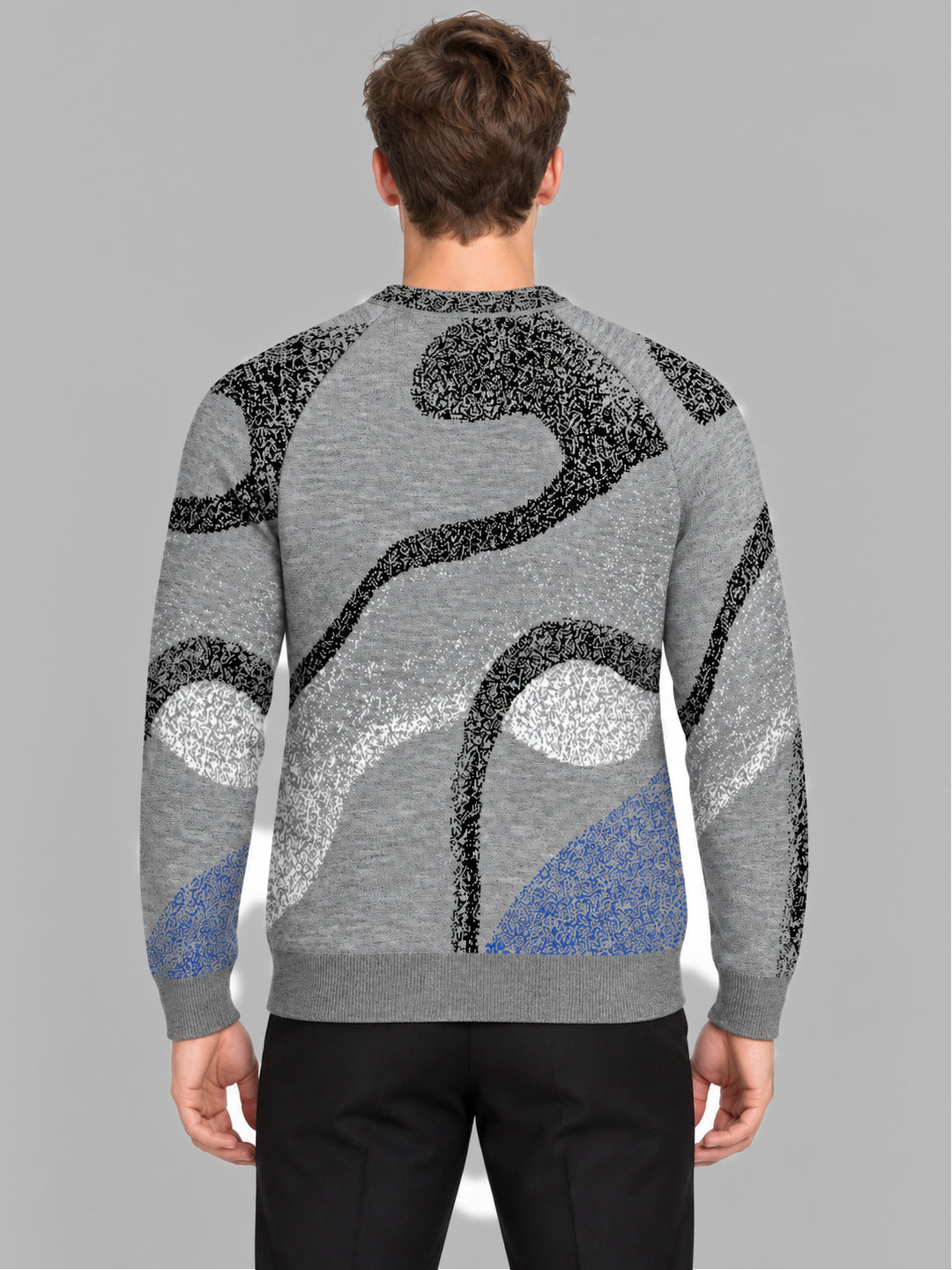 Men Grey Jacquard Round Neck Full Sleeve Pullover