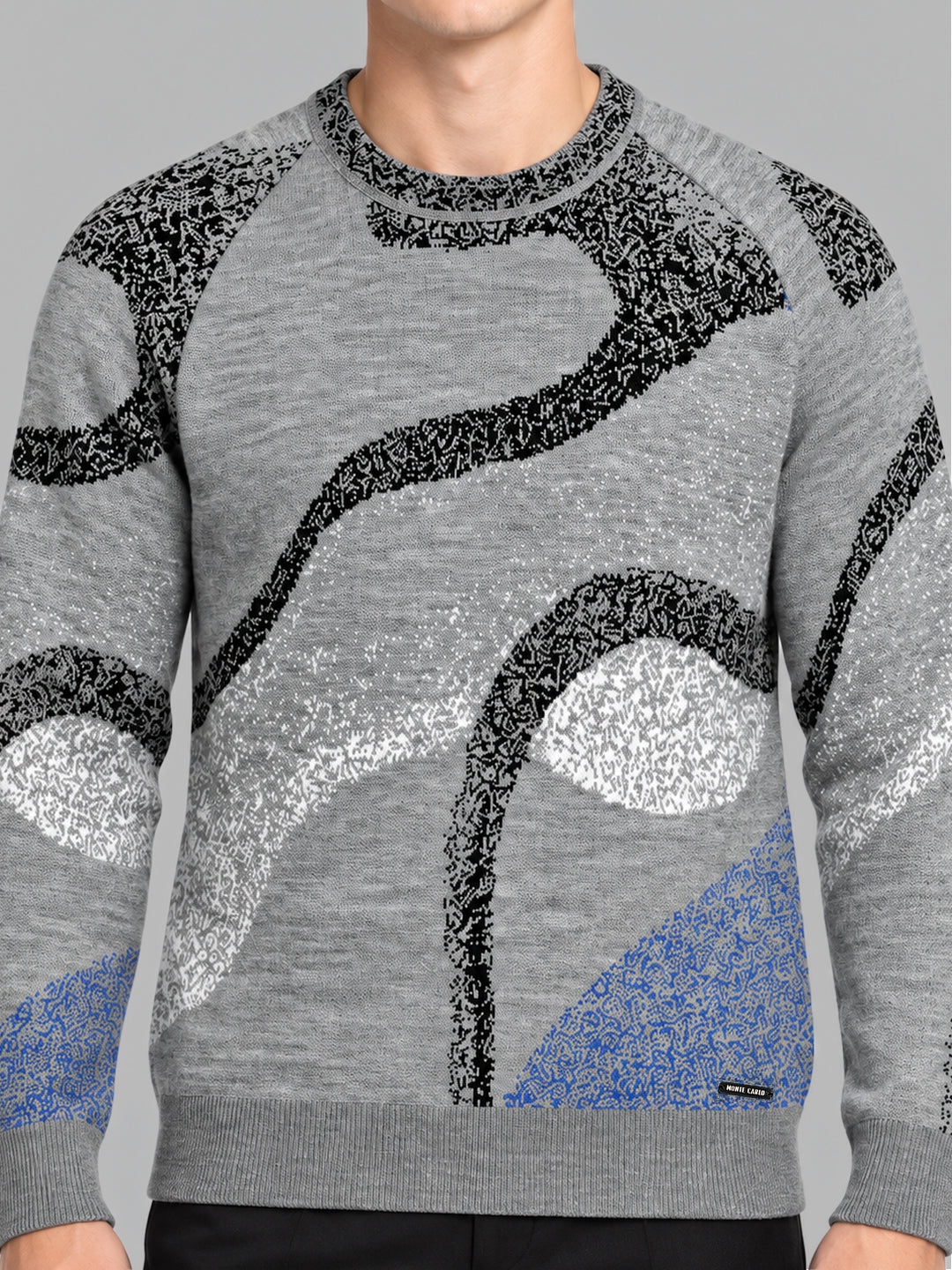 Men Grey Jacquard Round Neck Full Sleeve Pullover