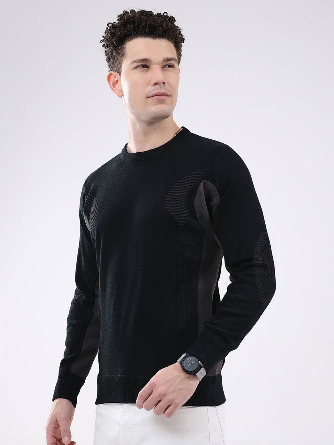 Men Black Solid Round Neck Full Sleeve Pullover