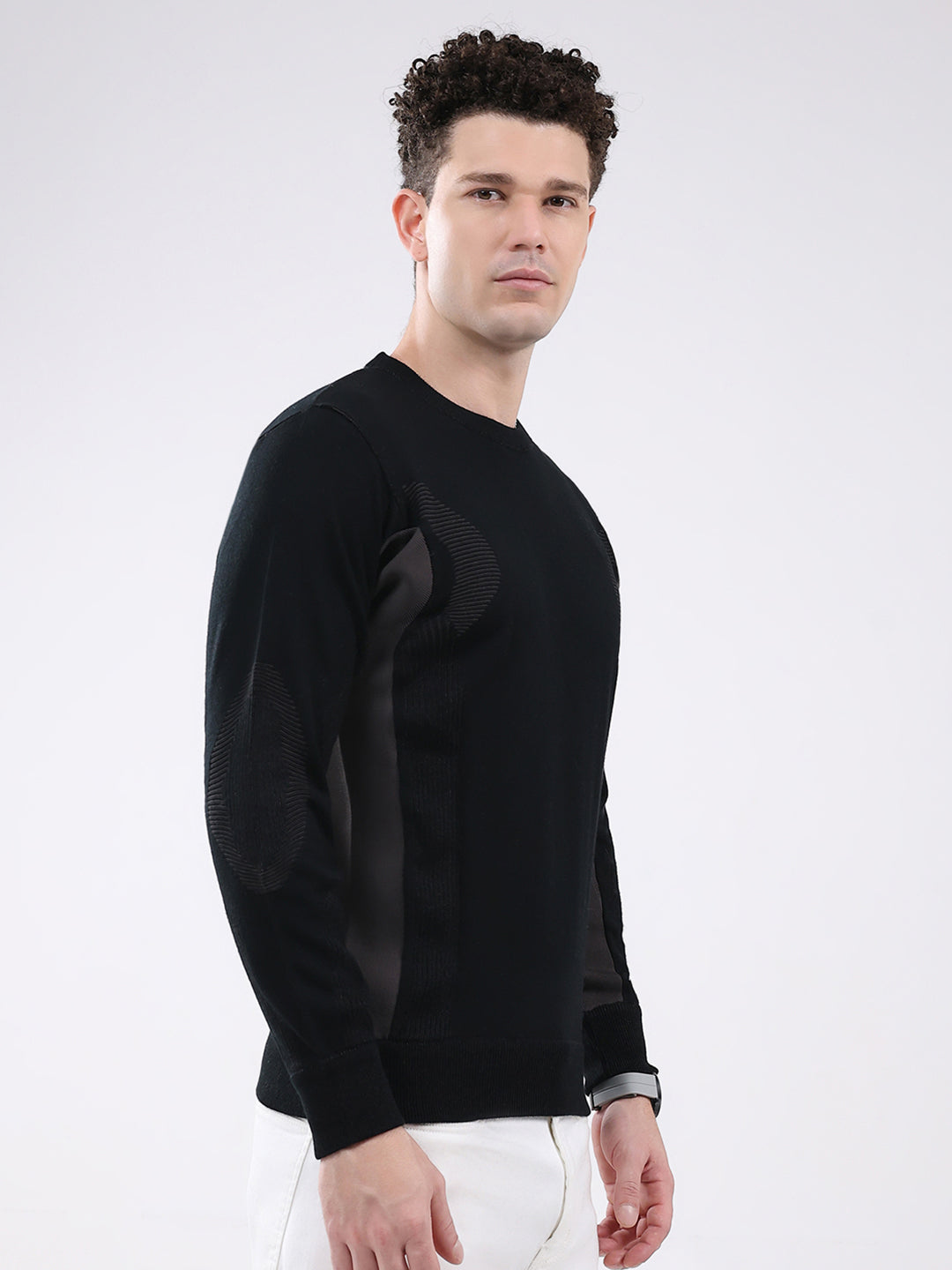 Men Black Solid Round Neck Full Sleeve Pullover