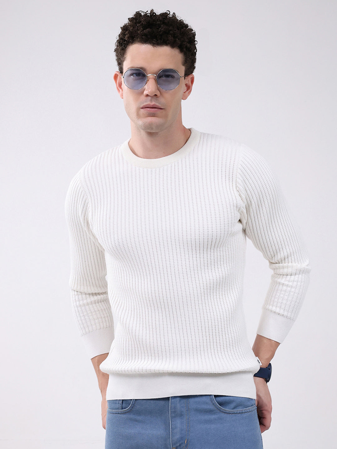 Men White Self Design Round Neck Full Sleeve Pullover