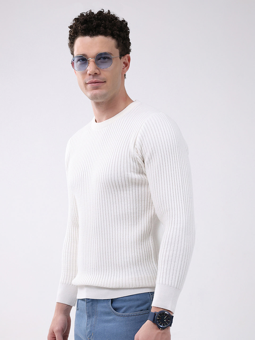 Men White Self Design Round Neck Full Sleeve Pullover