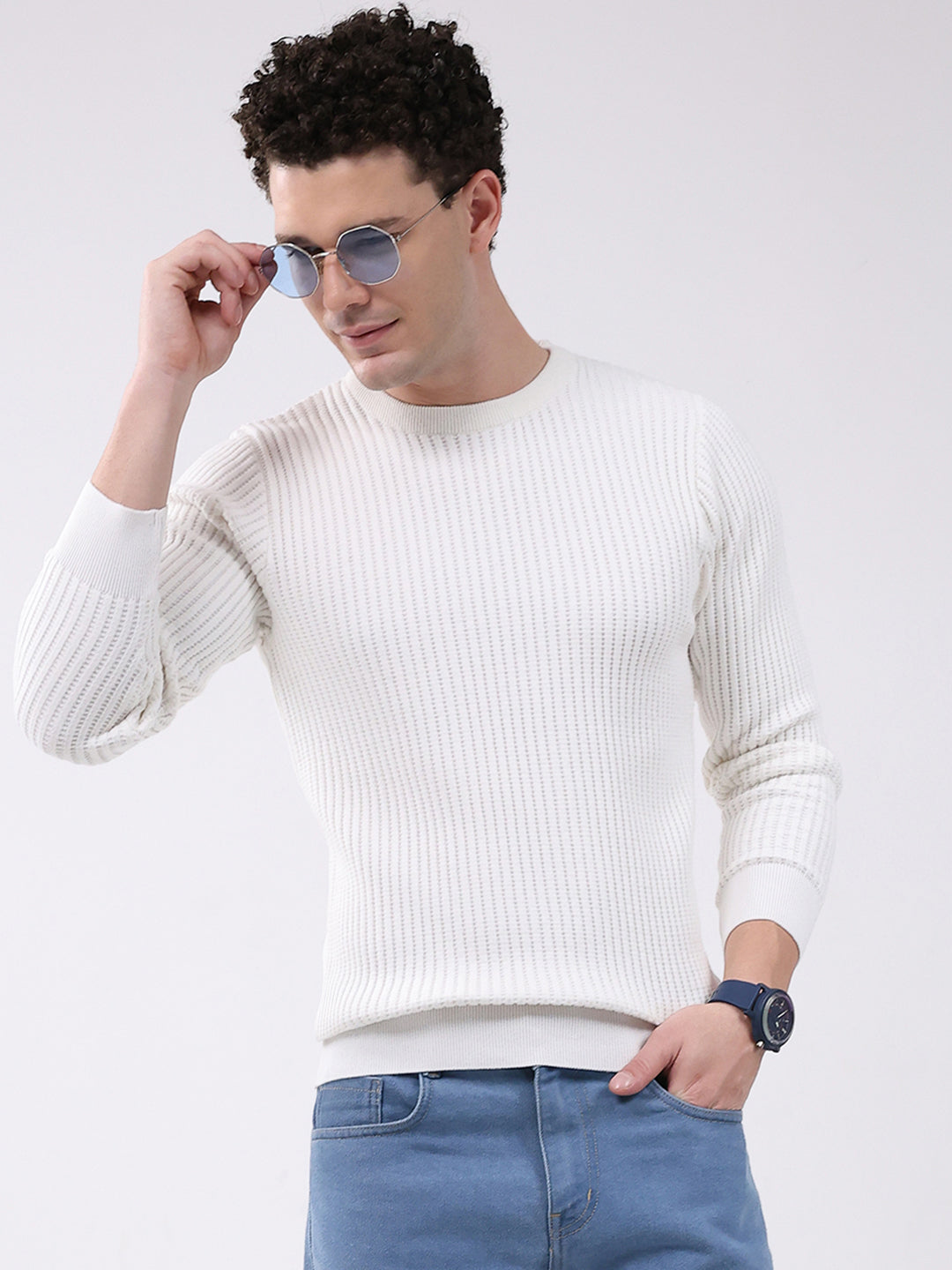 Men White Self Design Round Neck Full Sleeve Pullover