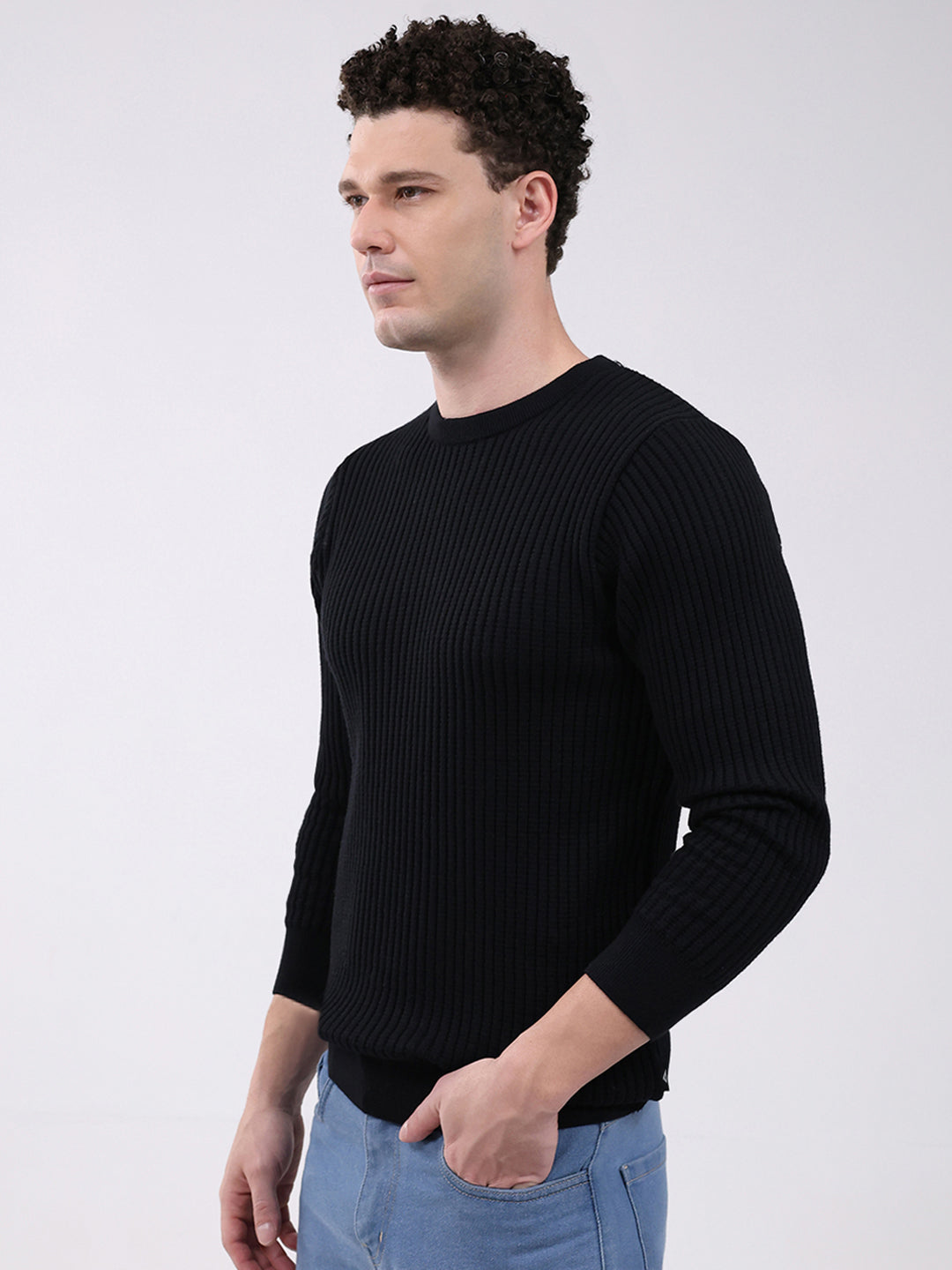 Men Black Solid Round Neck Full Sleeve Pullover