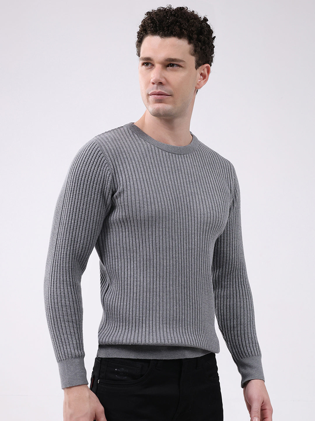 Men Grey Self Design Round Neck Full Sleeve Pullover