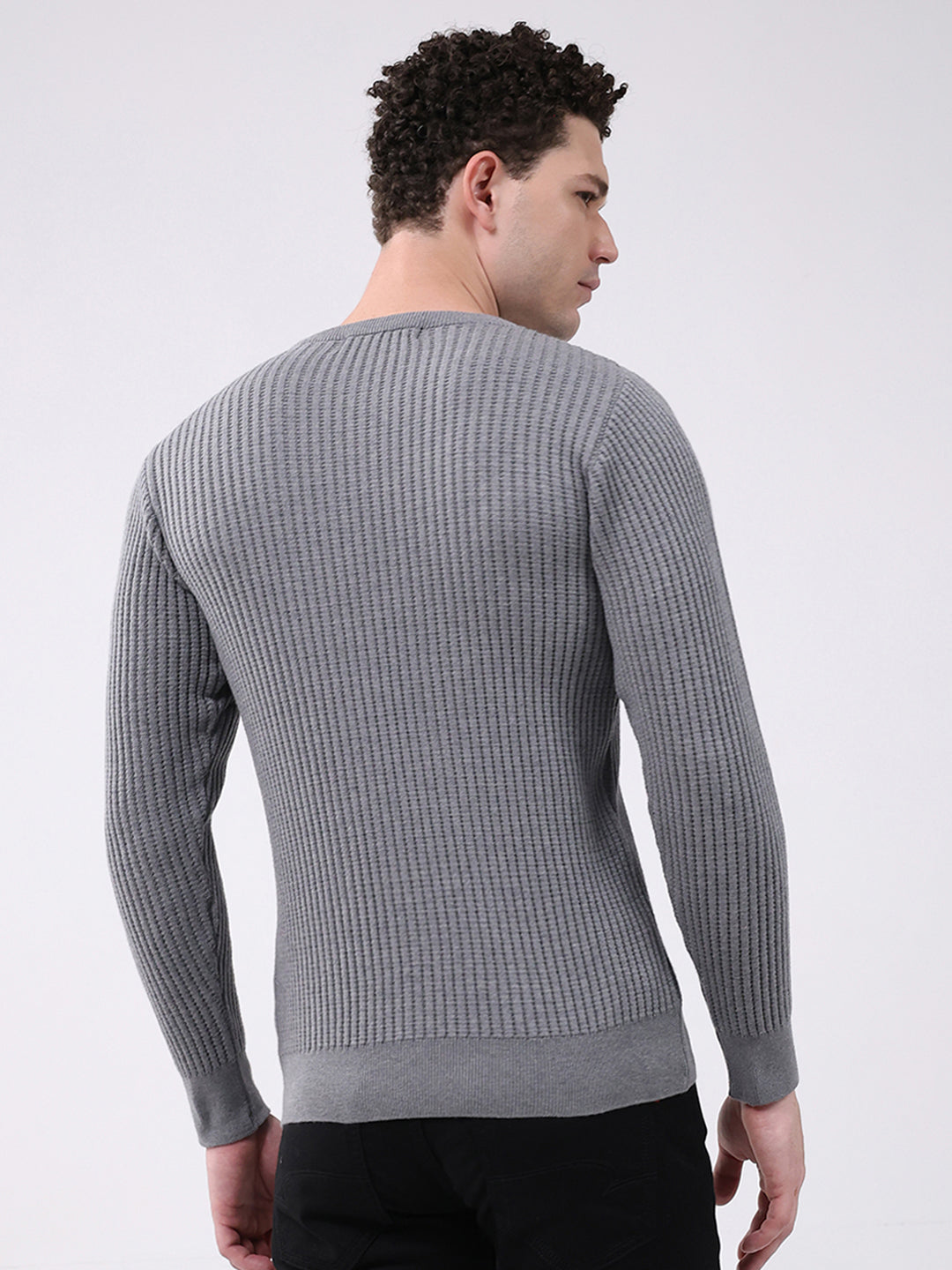 Men Grey Self Design Round Neck Full Sleeve Pullover