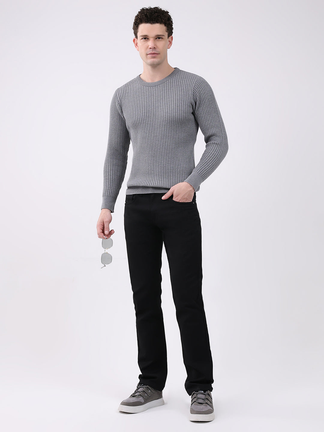 Men Grey Self Design Round Neck Full Sleeve Pullover