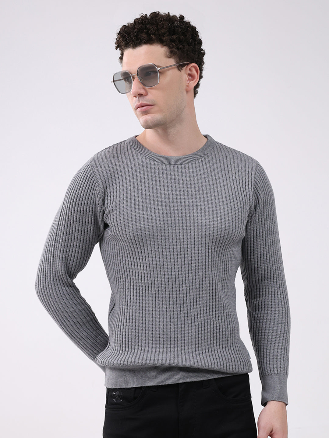 Men Grey Self Design Round Neck Full Sleeve Pullover