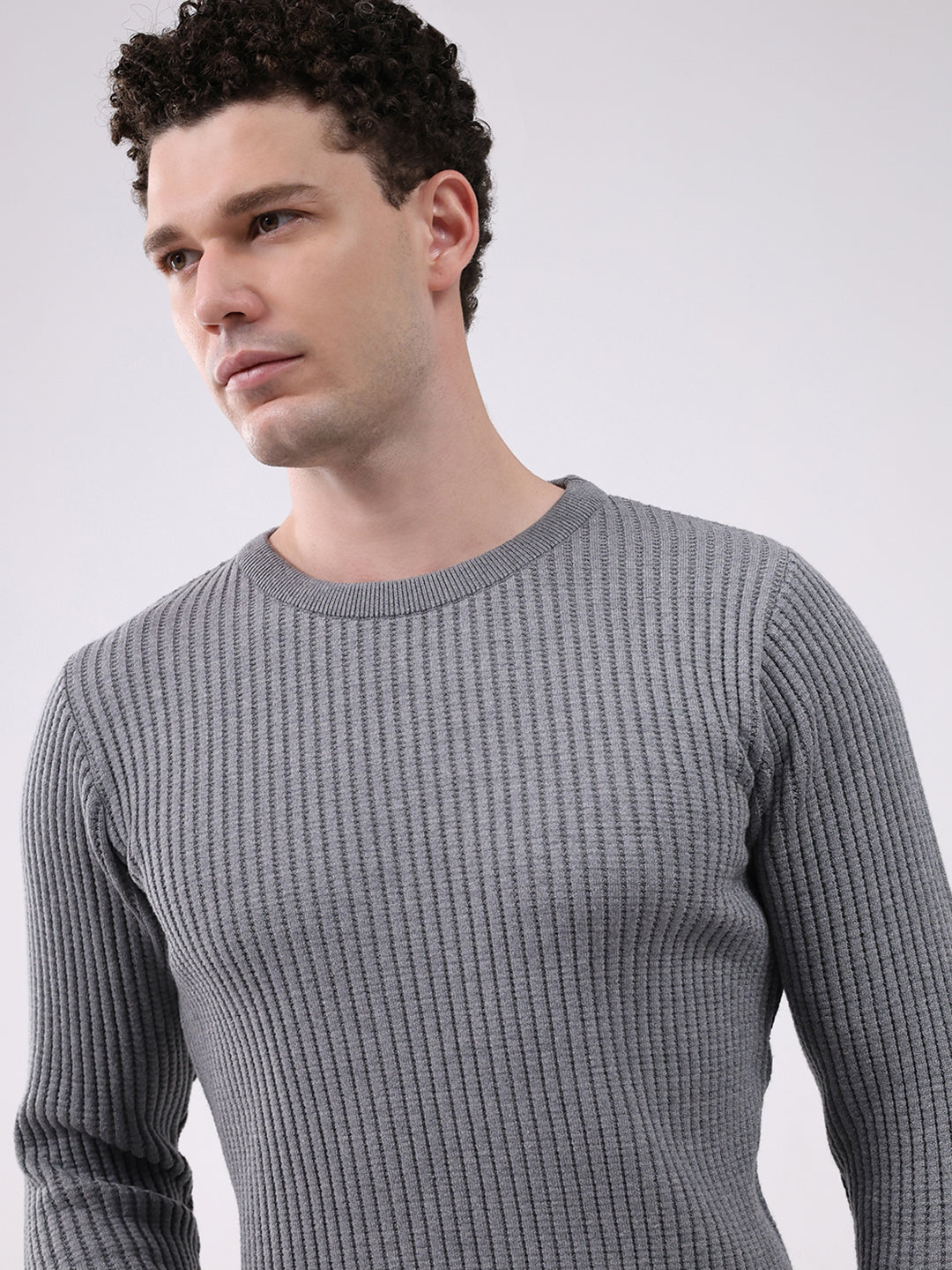 Men Grey Self Design Round Neck Full Sleeve Pullover