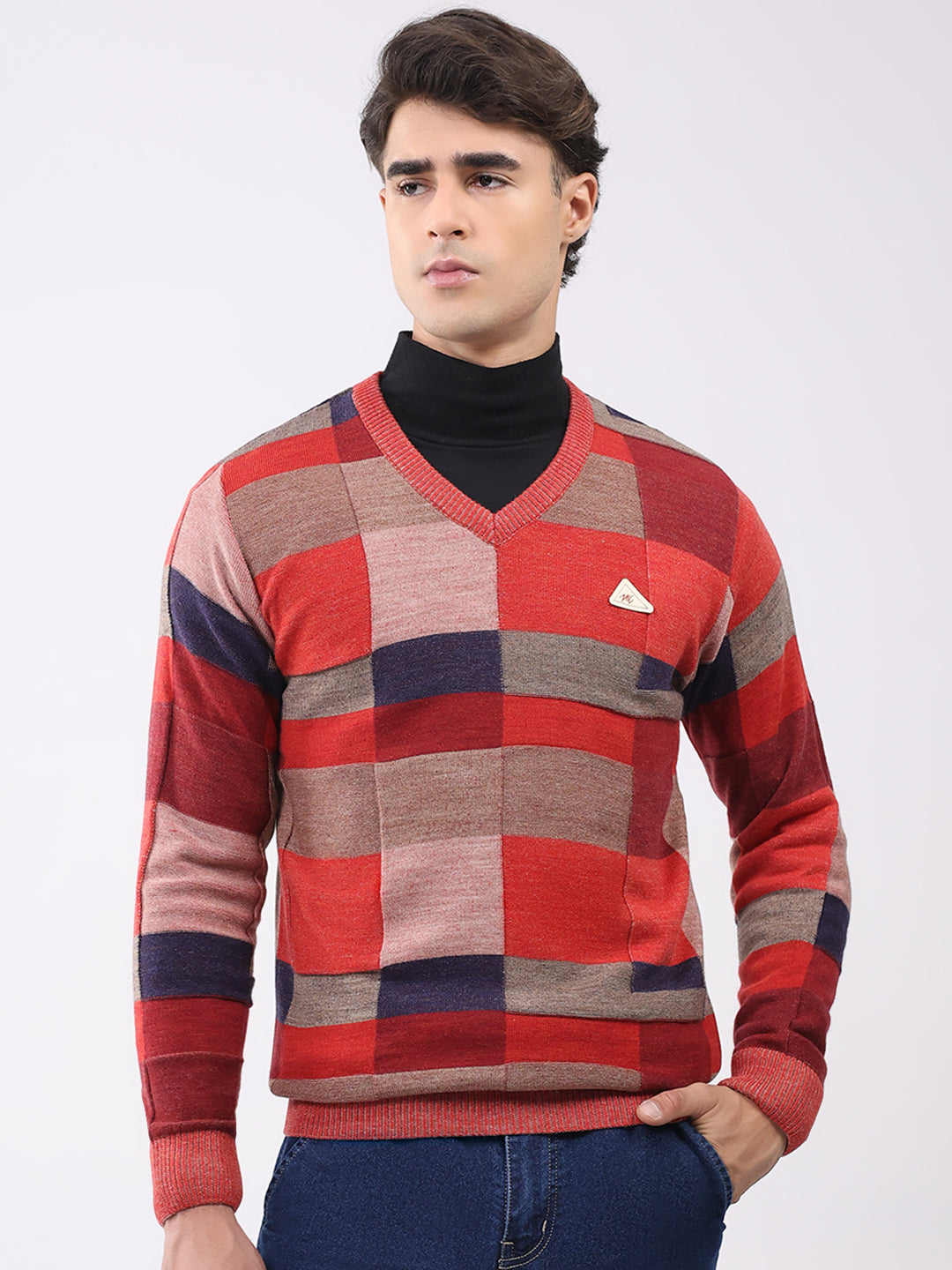 Men Pink Printed V Neck Full Sleeve Pullover