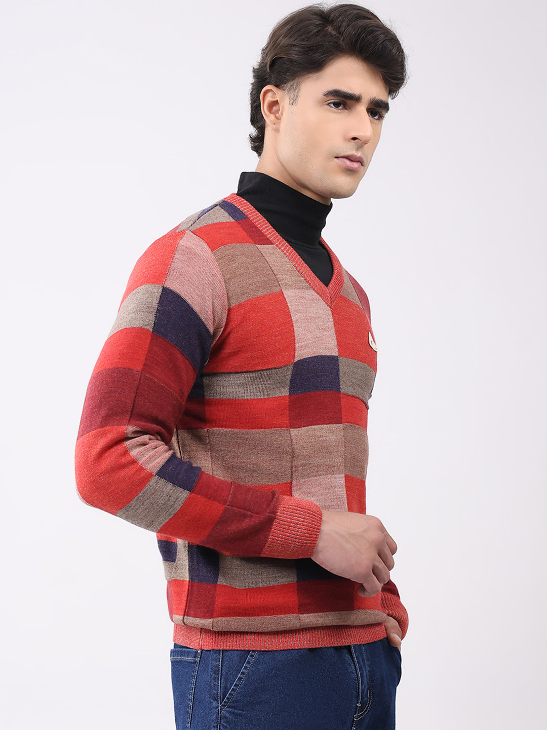 Men Pink Printed V Neck Full Sleeve Pullover